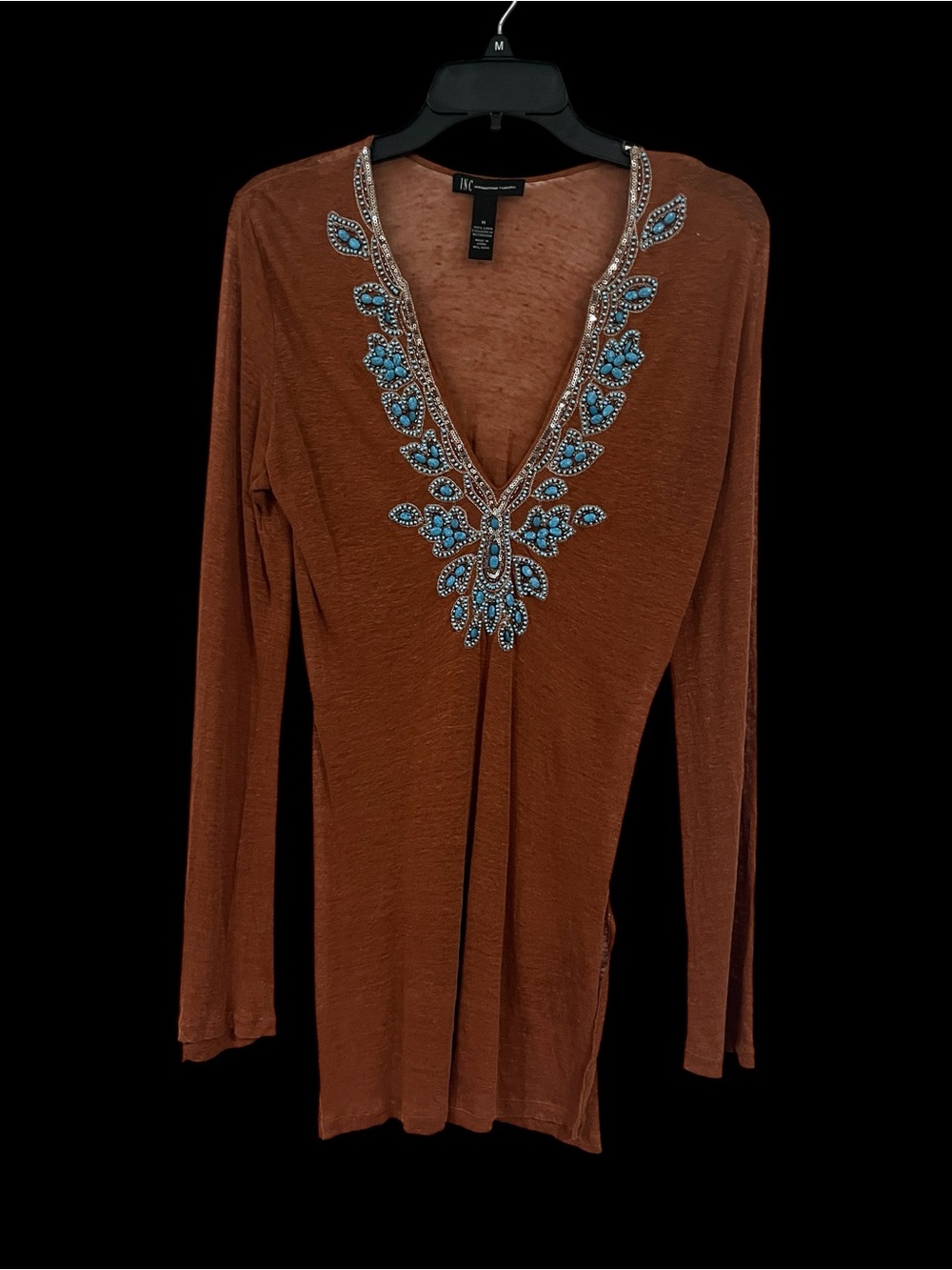 Rust tunic cover up with Turquoise Bead Embellishment